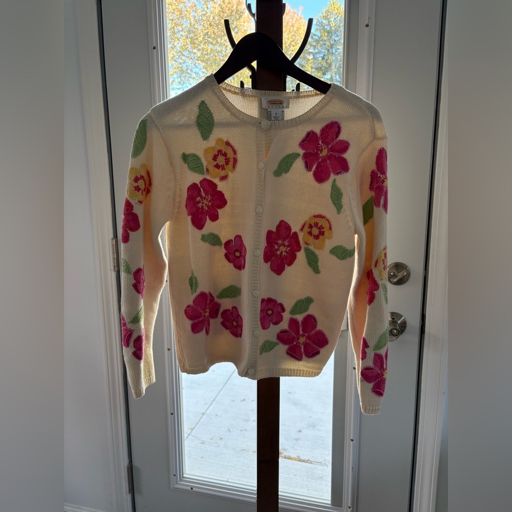 Talbots vintage Cream Cardigan with Pink Floral Design
